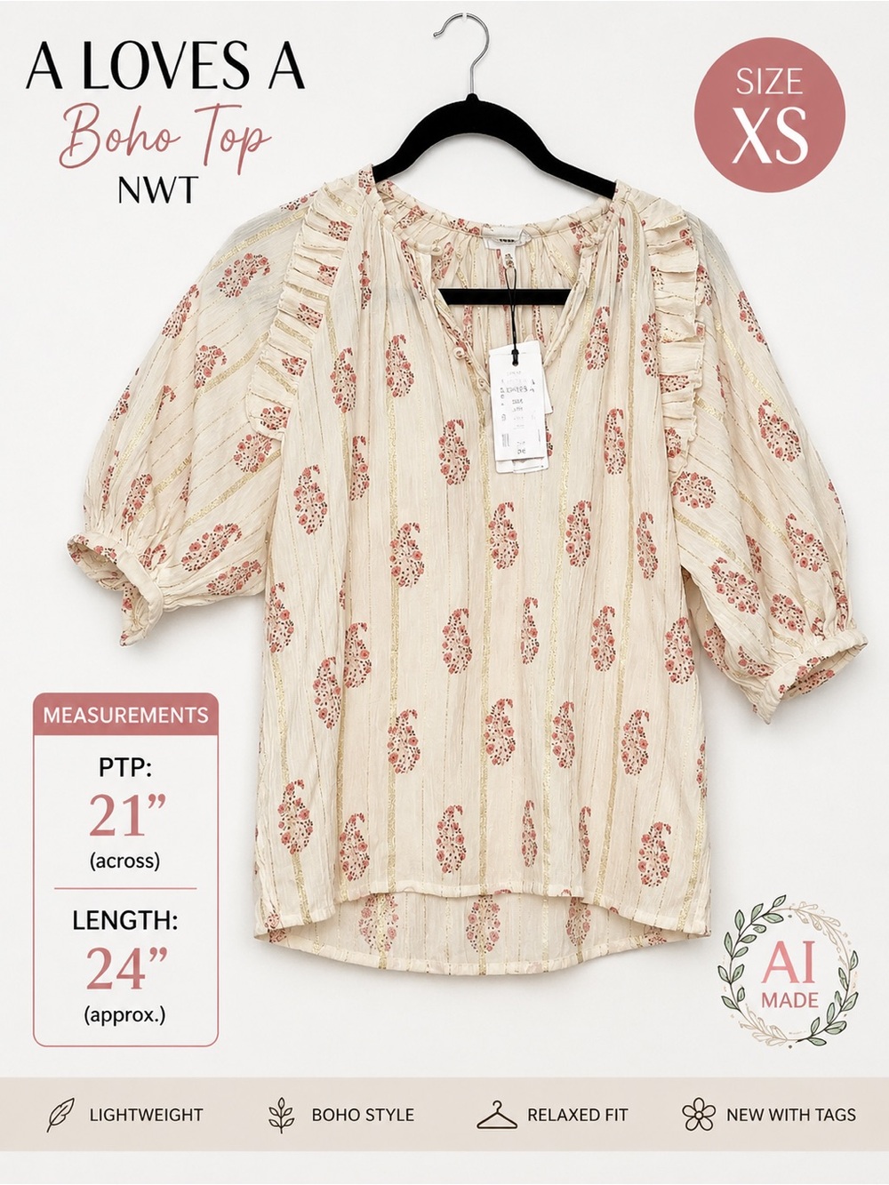 A Loves A NWT Boho Embroidered Festival Peasant Blouse XS